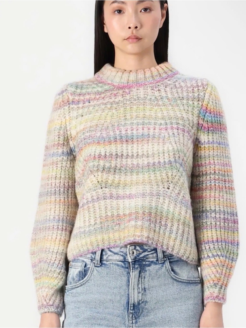 Only Pastel Multi-Stripe Ribbed Crewneck Sweater